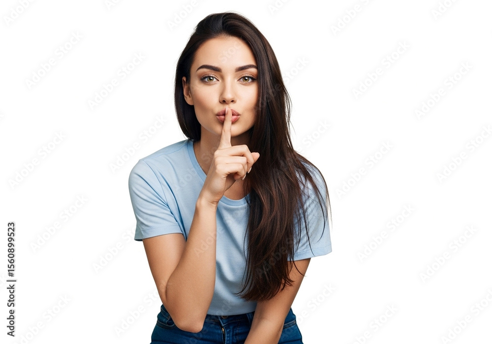 Attractive woman with brunette hair gesturing silence on a white background for concepts like confidentiality or secrets Attractive woman with brunette hair gesturing silence on a white background for concepts like confidentiality or secrets
