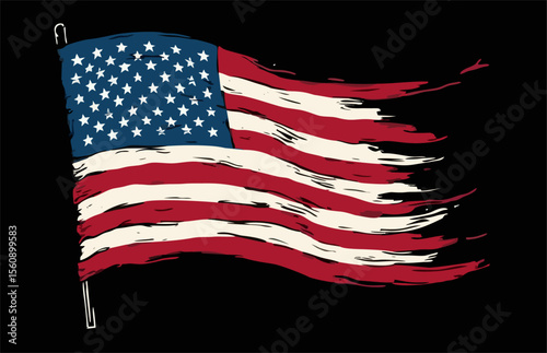 Vector design with decorative drawing of 
torn national flag of usa is fluttering in wind. 
Fashion t-shirt print. American pattern of stars 
and wavy stripes for textiles, fabric, clothing.