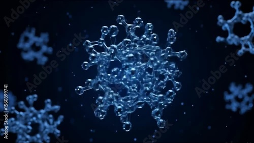 Close up view of blue molecular structures floating against a dark blue and black gradient background