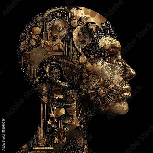 Detailed portrait of a dark-skinned person, with a head adorned in intricate gold patterns and designs