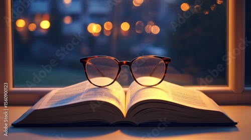 Naklejka Open book on windowsill at night