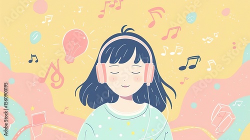 A cute simplified illustration of a person wearing headphones, vector style, educational and playful, Japanese kawaii design style