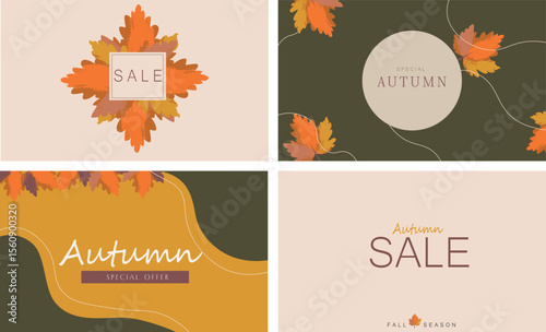 Minimalistic and laconic autumn sale banners with hand drawn leave, abstract elements. Suitable for poster, business card, invitation, flyer, banner, brochure, social networks, advertising