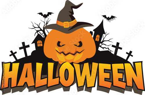 Spooky Halloween night with a scary pumpkin, bats, and a dark castle illustration perfect for an October celebration