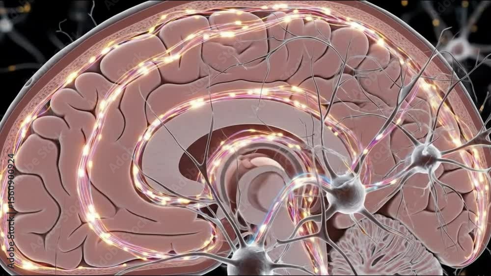 Anatomical view of a brain section with neurons firing and neural pathways highlighted in glowing light