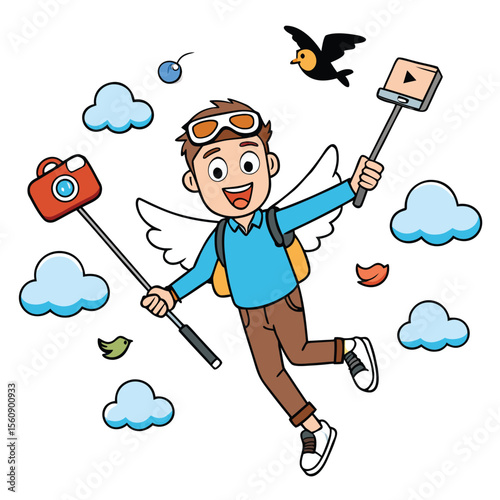 Angelic Travel Vlogger Adventures in the Clouds with Camera and Selfie Stick