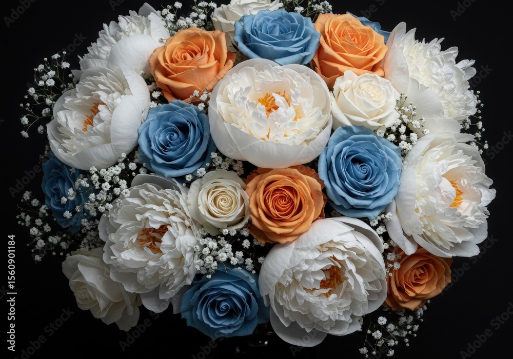 A stunning bouquet of blue and orange roses and white peonies arranged in an elegant floral design A stunning bouquet of blue and orange roses and white peonies arranged in an elegant floral design