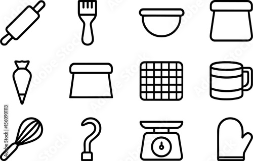Various bakery utensils displayed in simple line art design for culinary enthusiasts and baking professionals