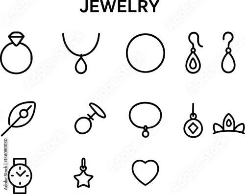 Jewelry collection featuring a variety of accessories including rings, necklaces, bracelets, and earrings displayed on a neutral background