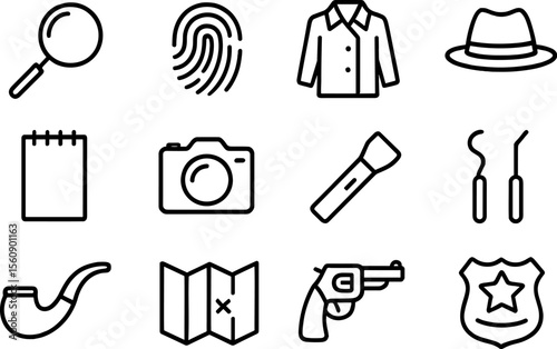 Collection of superhero icons depicting masks, capes, shields, and cityscapes in a minimalist line art style