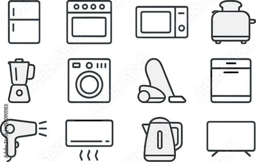 Collection of office furniture icons featuring desk, chair, couch, and more in a simple design for workspace visualization