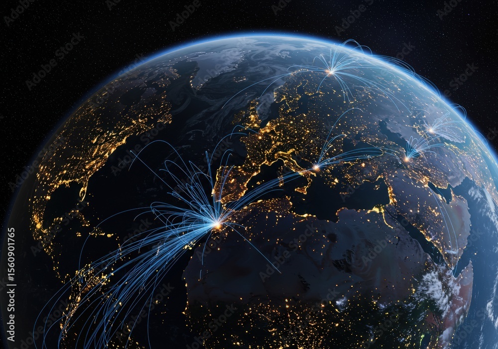 Obraz premium A glowing network of lines connects cities across the earth at night, symbolizing global communication