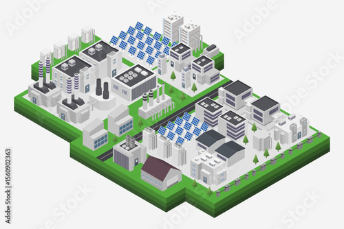 Factory Facility Using Solar Panels for Power Generation Isometric