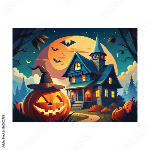 Spooky Halloween night background with pumpkins, bats, and a dark castle silhouette, perfect for October holiday celebrations