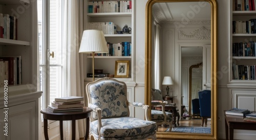 Elegant classic reading nook with floral armchair and large mirror reflecting cozy library interior