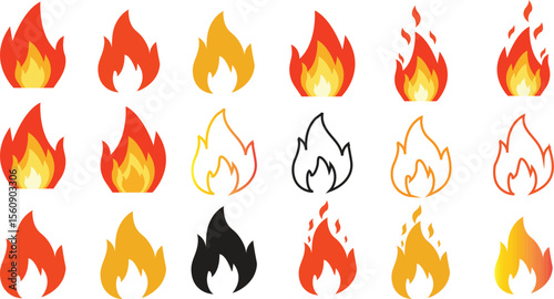 Collection of diverse fire icons and flame graphics