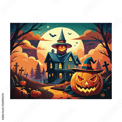 Spooky Halloween night background with pumpkins, bats, and a dark castle silhouette, perfect for October holiday celebrations