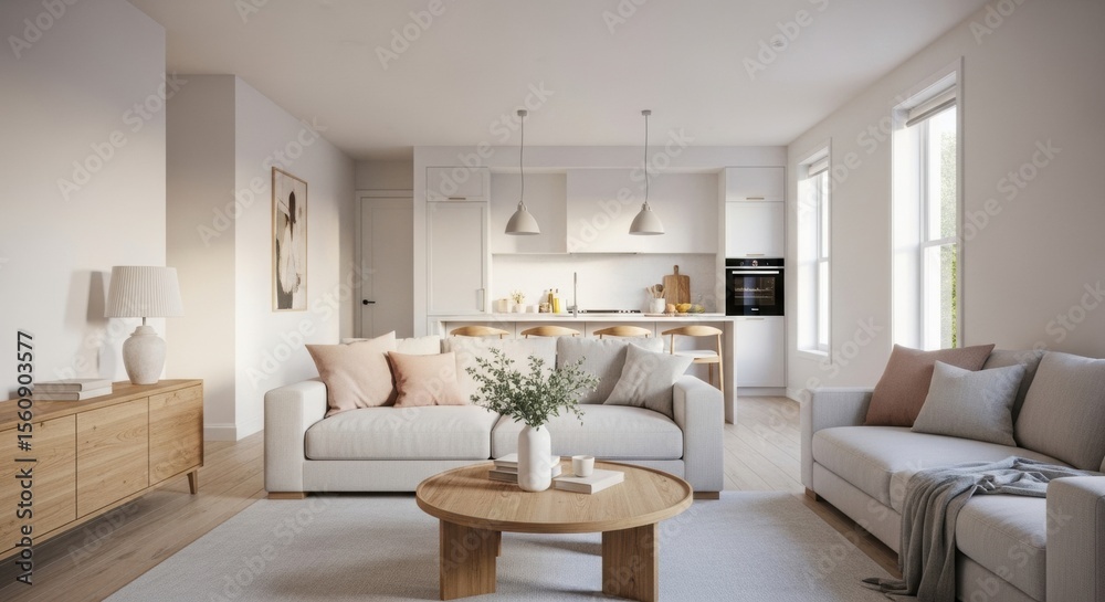 Fototapeta premium Bright and modern open living room with cozy sofas and kitchen in soft neutral tones