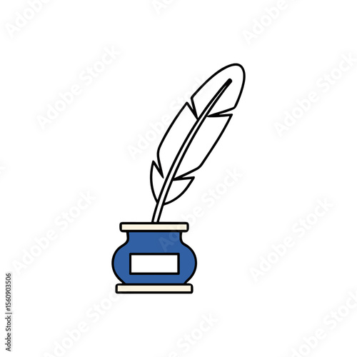 Stylized illustration of a quill pen inserted into a blue inkwell, isolated on a white background.