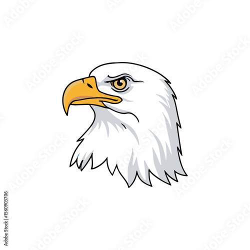 Illustration of a bald eagle's head, showcasing its white feathers and yellow beak, set against a white background.