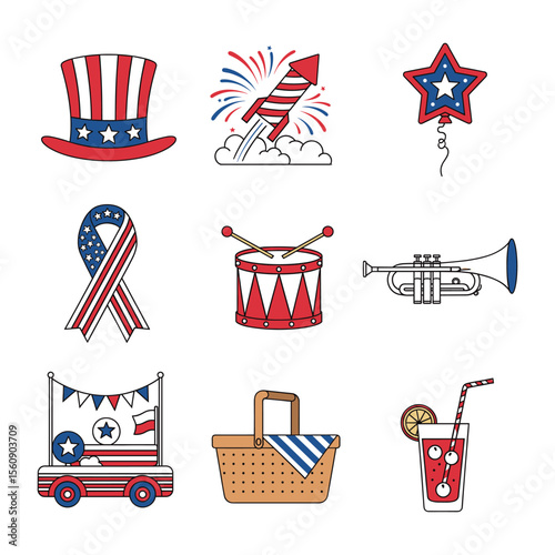 Festive illustrations depicting patriotic symbols and celebratory elements associated with Independence Day.