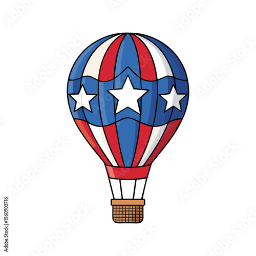 Cartoon hot air balloon, patriotic colors, American flag design.