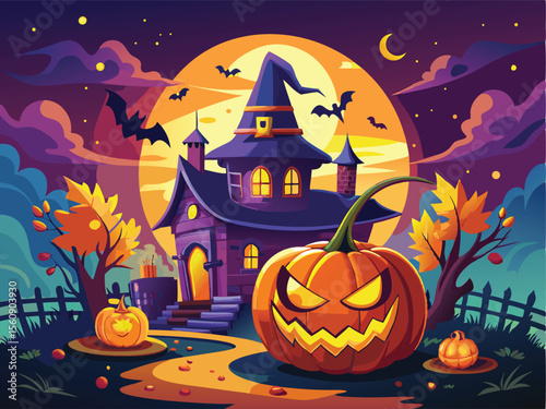 Spooky Halloween night background with pumpkins, bats, and a dark castle silhouette, perfect for October holiday celebrations