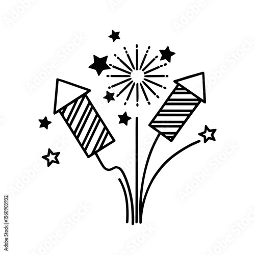 Illustration depicting celebratory fireworks launching into the night sky with stars.