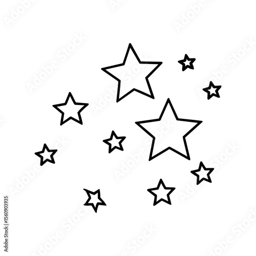 Simple black outline drawing of multiple stars scattered in a cluster.