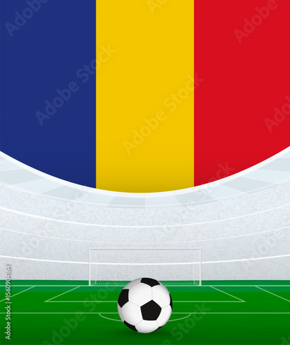 Romania National Football Theme, Stadium and Soccer Ball. Soccer Match Concept in Romania.