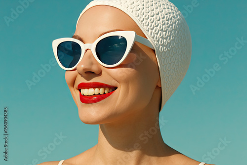 Stylish Close-Up Portrait of Smiling Woman Wearing White Retro Sunglasses Reflecting Blue Sky

