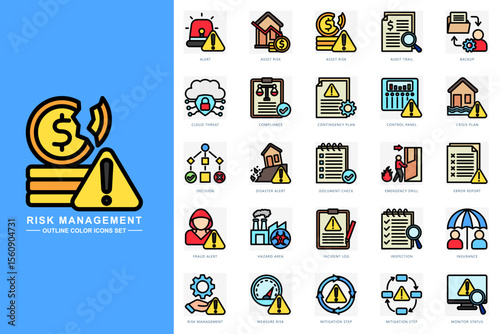 Risk management outline color icons set. contain alert, asset risk, audit trail, risk management, insurance and more. use for modern concept, print, UI, UX kit, web and app development. Vector EPS 10