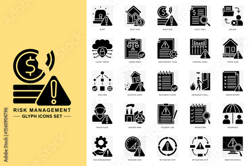 Risk management glyph icons set. contain alert, asset risk, audit trail, risk management, insurance and more. use for modern concept, print, UI, UX kit, web and app development. Vector EPS 10