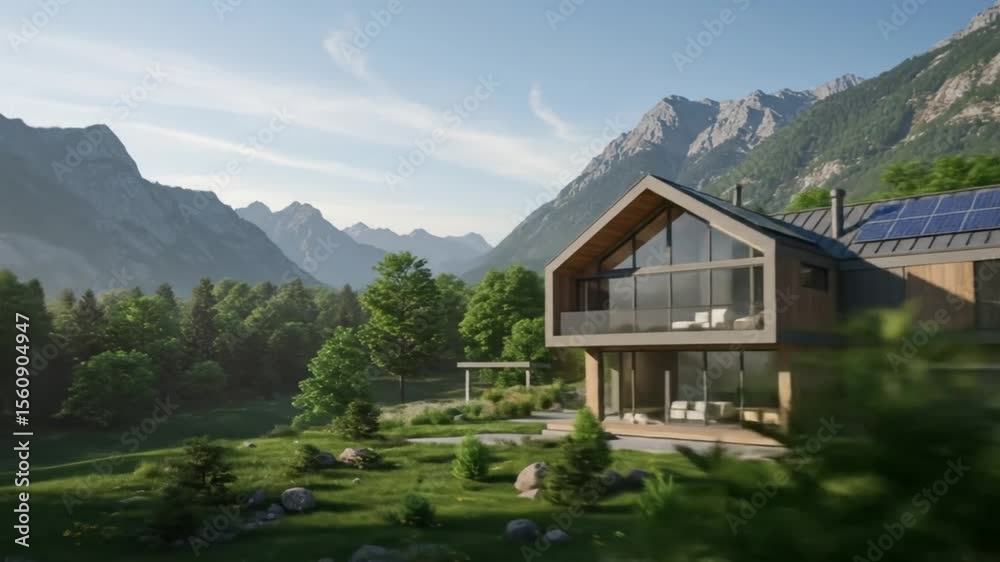 Modern mountain house design with solar panels and green landscape ...