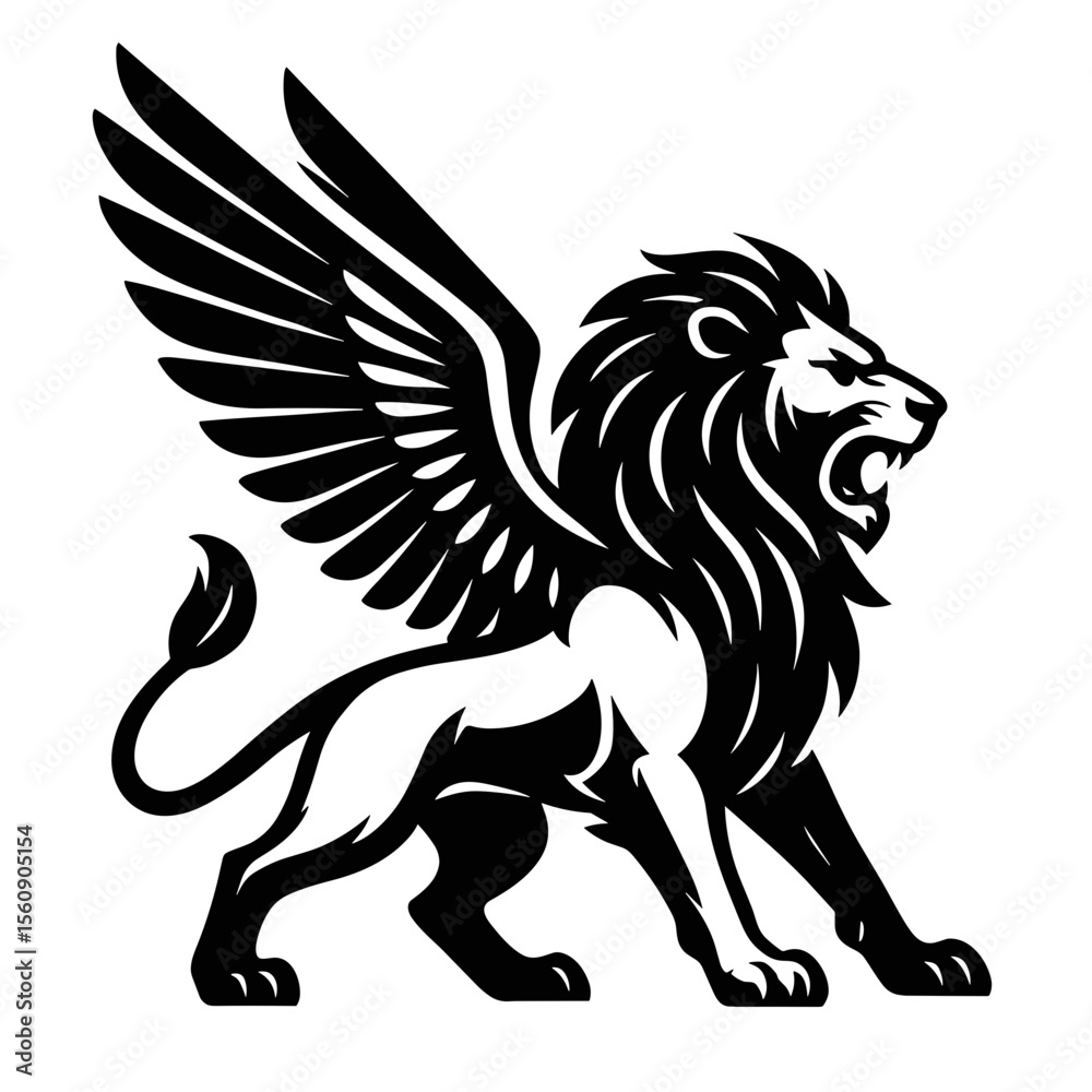 Fototapeta premium An emblem of strength and majesty, a fierce griffin, a symbolic union of lion and eagle, rendered in striking black and white. A testament to power, wisdom, and dominance.