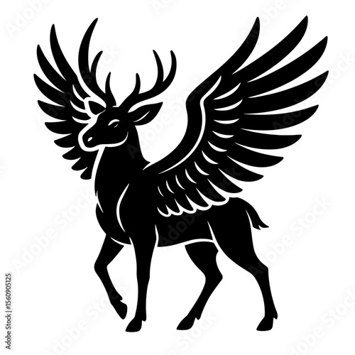 A majestic silhouette of a deer with feathered wings in a stunning, high-contrast graphic, evoking a sense of myth and fantasy. vector illustration