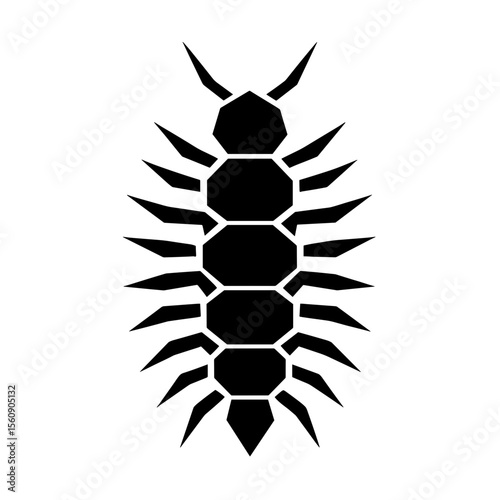 A minimalist black silhouette of a centipede, showcasing its many legs and segmented body in a striking, graphic design against. vector illustration