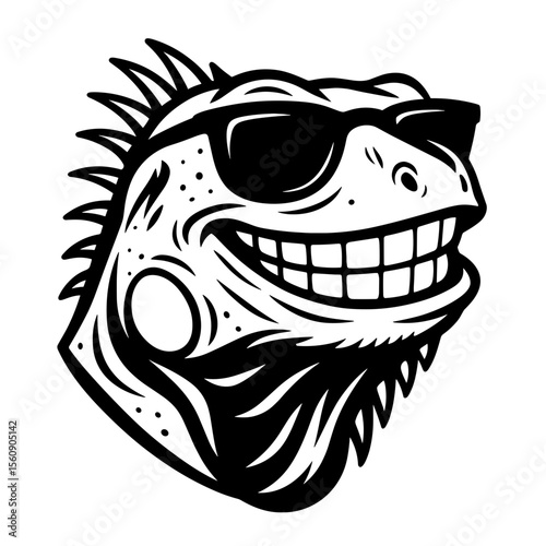 An illustrated cool iguana, wearing sunglasses with a big smile, exuding a vibe of laid-back coolness. vector illustration