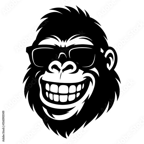 An animated grinning gorilla wearing sunglasses exuding playful energy in a monochrome illustration. vector illustration