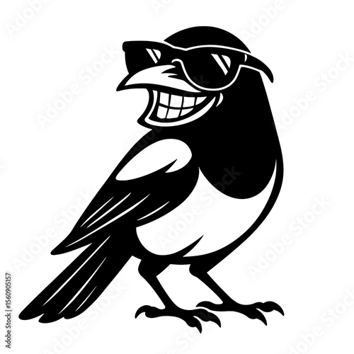 A cool magpie confidently sports sunglasses, radiating a confident and playful attitude, embodying the spirit of a bird enjoying sunny days. vector illustration