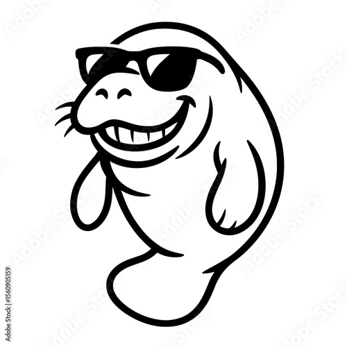 A charismatic cartoon manatee exudes effortless coolness and charm while wearing stylish sunglasses, radiates pure joy and laid-back vibes.