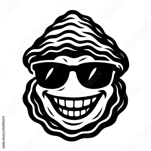 A cool oyster wearing shades and displaying a wide grin, the image is rendered in high-contrast monochrome to highlight the amusing characteristics. vector illustration