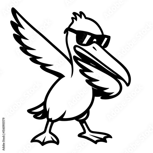 An amusing cartoon pelican donned in fashionable sunglasses, confidently poised with its wings wide open, making for a lively and modern visual. vector illustration
