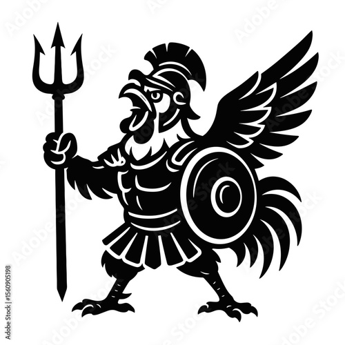 An illustrated rooster warrior, embodying strength and determination, stands poised with trident, ready to face any challenge. Its fierce gaze and detailed armor represent courage and readiness.