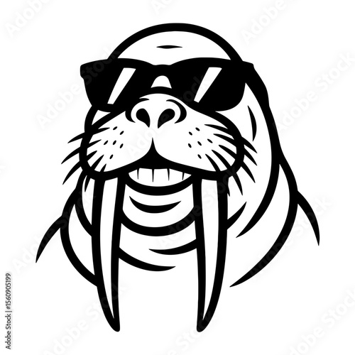 An illustrated walrus wears sunglasses in a monochromatic design. It's a fun and cool interpretation of the marine mammal. vector illustration