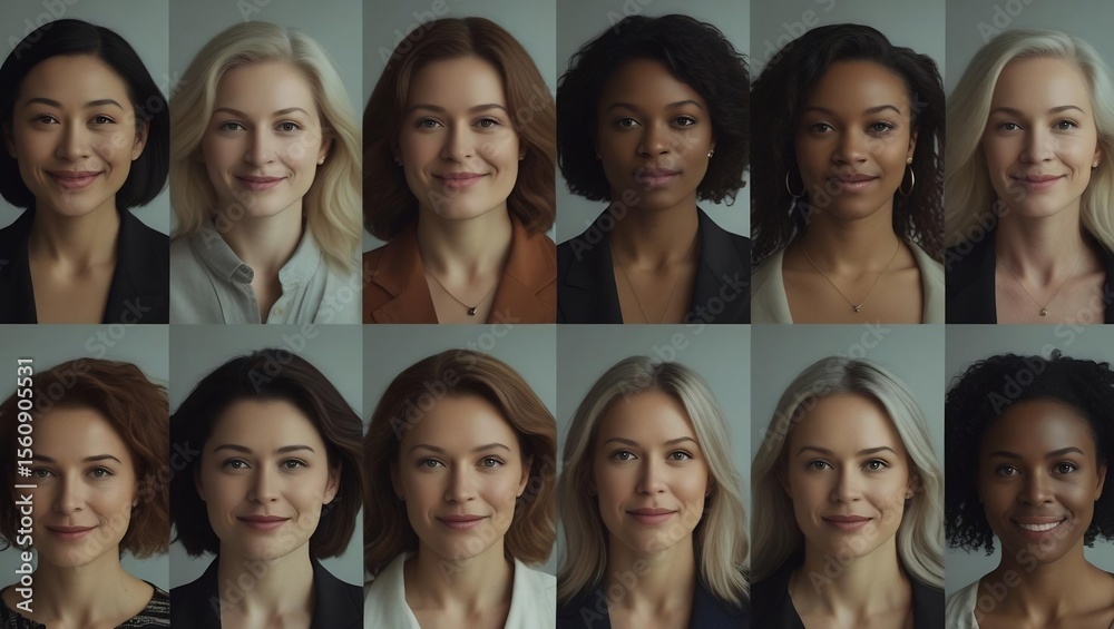 Fototapeta premium Faces of empowerment : A diverse group of women, each with unique features and expressions, symbolize strength, empowerment, and unity.