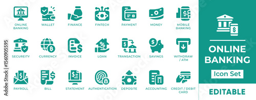 Online Banking Icon Set. Features icons of mobile banking, transactions, accounts, digital payments, and security. Perfect for fintech apps, banks, and finance tools.