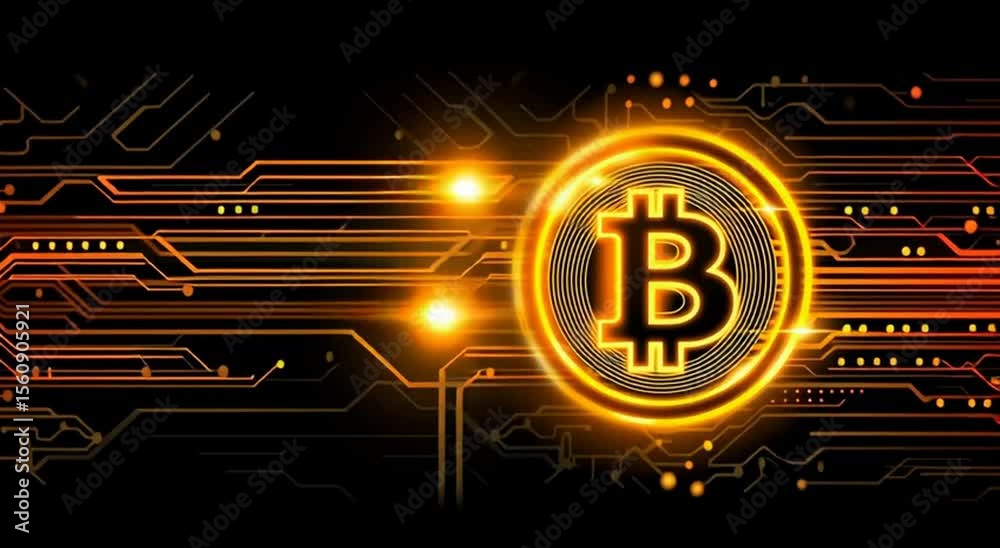 A glowing Bitcoin logo on top of an intricate circuit board background, symbolizing the futuristic nature and technology behind blockchain Generative AI
