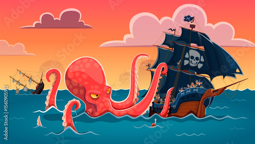 Big kraken octopus wreck the pirate ship vector background. Scary sea monster or giant kraken octopus animal cartoon character attacking corsair sailboat with huge tentacles. Pirate adventure game