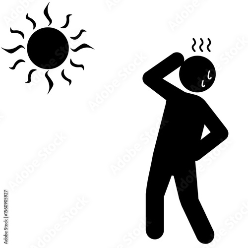 熱中症に苦しむ人物のシルエットと強い日差しのイラスト